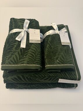 6pc FELPINTER Extra Long Combed  Cotton Bath Towel Set - Velour Leaf -Green